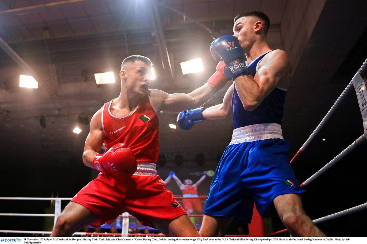 Ryan McCarthy of Fr Horgan's Boxing Club, Cork, left, and Cian Cramer of Cabra Boxing Club, Dublin, during their welterweigh 67kg final bout at the IABA National Elite Boxing Championships 2024 Finals at the National Boxing Stadium in Dublin. Photo by Seb Daly/Sportsfile