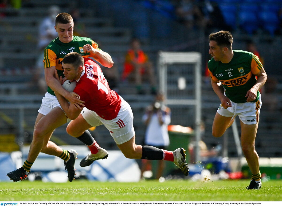 Cork's Luke Connolly is tackled by Seán O’Shea of Kerry in 2021. Picture: Eóin Noonan/Sportsfile Cork's Luke Connolly is tackled by Seán O’Shea of Kerry in 2021. Picture: Eóin Noonan/Sportsfile