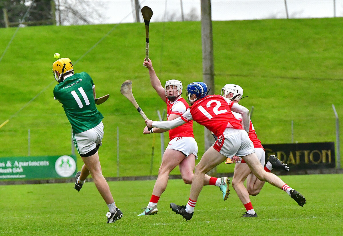  Watergrasshill's Ciarán O'Leary puts pressure on Carey Faughs' Caolan McCaughan. Picture: Moya Nolan