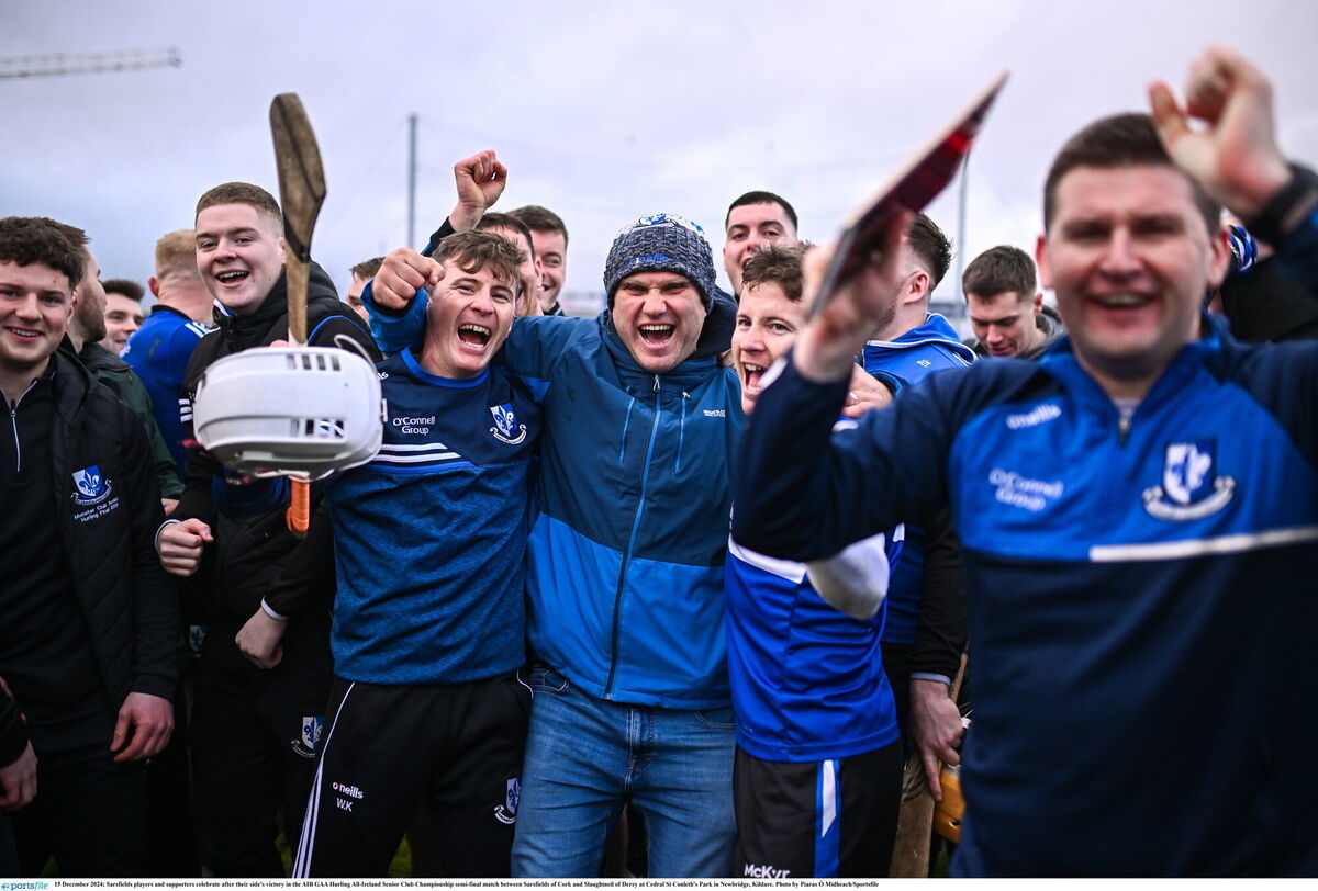Sarsfields players and supporters celebrate in Newbridge. Picture: Piaras Ó Mídheach/Sportsfile