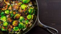 Diagonal Cast Iron Skillet with Brussels Sprouts