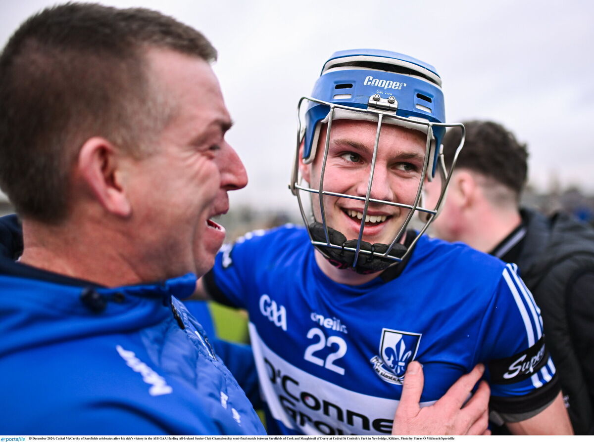 Cathal McCarthy of Sarsfields celebrates after his side's victory over Slaughtneil. Picture: Piaras Ó Mídheach/Sportsfile