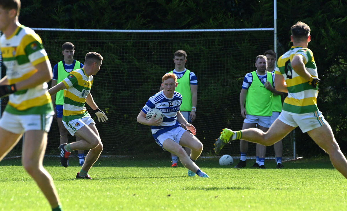  Jack Cahalane, Castlehaven looking to go past James O'Riordan and Tom O'Rourke, Carbery Rangers in their McCarthy Insurance PSFC match in Leap. Picture Dan Linehan
