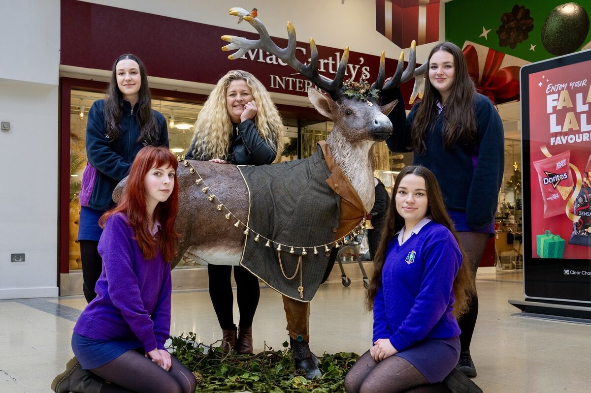 Rhian Lloyd Evans, Art teacher Melissa Murphy, Cadhla Cahill Murphy, Ella-Jane Stephens and Faye Dunwell from Regina Mundi College in Douglas Court Shopping Centre with the reindeer they hand decorated as part of a local schools art installation currently on display in the shopping centre. Rhian Lloyd Evans, Art teacher Melissa Murphy, Cadhla Cahill Murphy, Ella-Jane Stephens and Faye Dunwell from Regina Mundi College in Douglas Court Shopping Centre with the reindeer they hand decorated as part of a local schools art installation currently on display in the shopping centre.