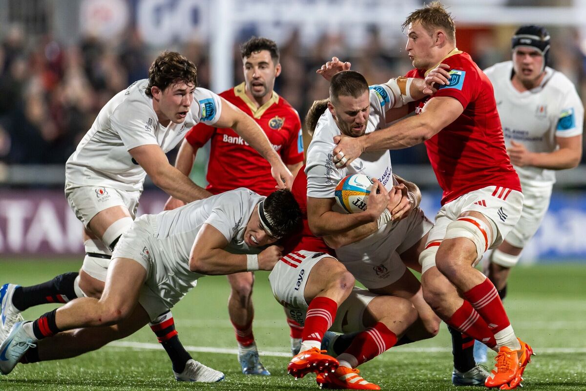 Ulster’s Stuart McCloskey with Gavin Coombes of Munster. Picture: INPHO/Morgan Treacy