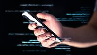 Phone scam, hack or fraud. Data hacker online with smartphone. Cell cyber scammer on darknet or internet. Phishing or cybersecur