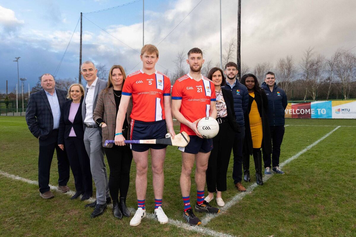 MTU students Evan Murphy and David O’Connor (centre) at the launch of the club's sponsorship with Clearstream. Also pictured are, from left, Keith Ricken, Student Services Manager, Dr Áine Ní Shé, Registrar &amp; Vice-President for Academic Affairs MTU, Lisa Holland, Clearstream, Carmel Hallissey, Clearstream, Brian Kelleher, Elise Wynen Hennebry and Kevin O’Callaghan, GAA Development Officer. Picture: Darragh Kane
