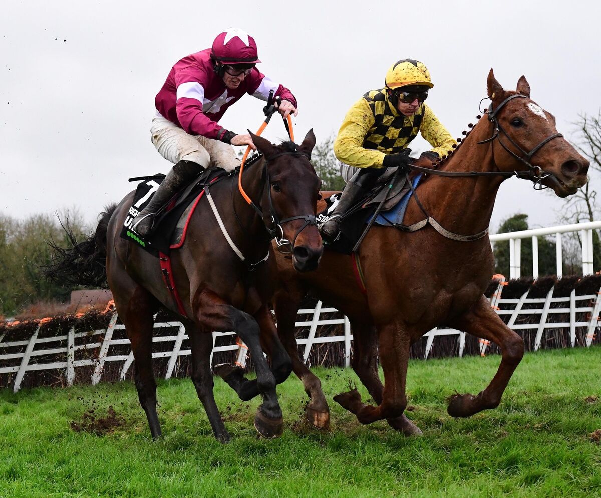 Brighterdaysahead and Jack Kennedy win the Grade 1 Morgiana Hurdle from State Man and Paul Townend (yellow). Picture: Healy Racing.