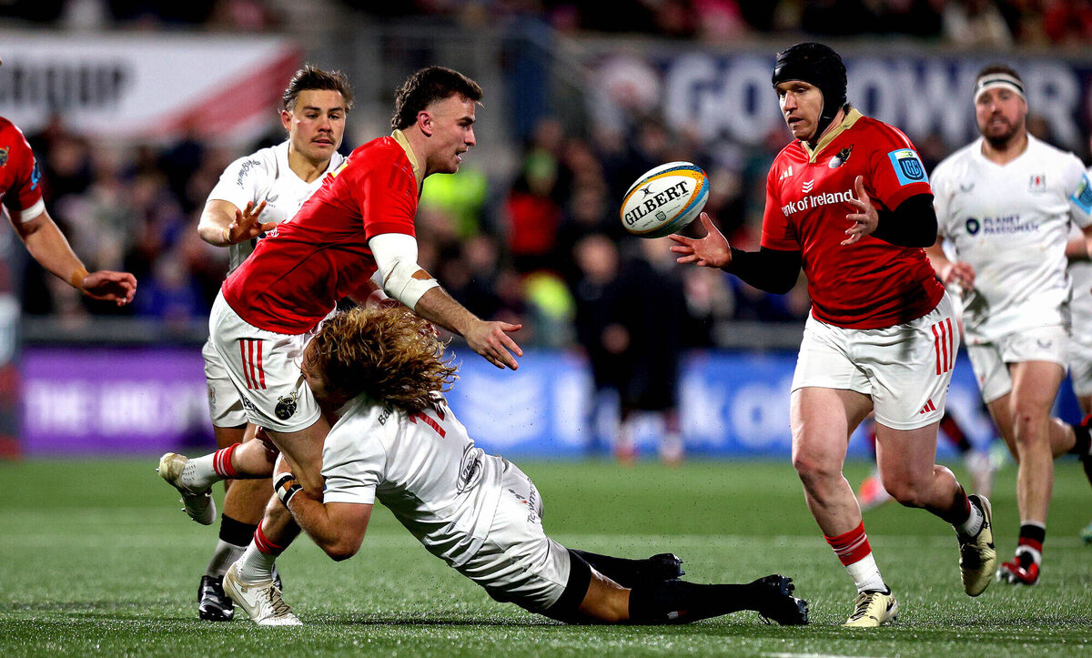 Ulster’s Werner Kok battles Shane Daly and Rory Scannell of Munster. Picture: INPHO/Ryan Byrne