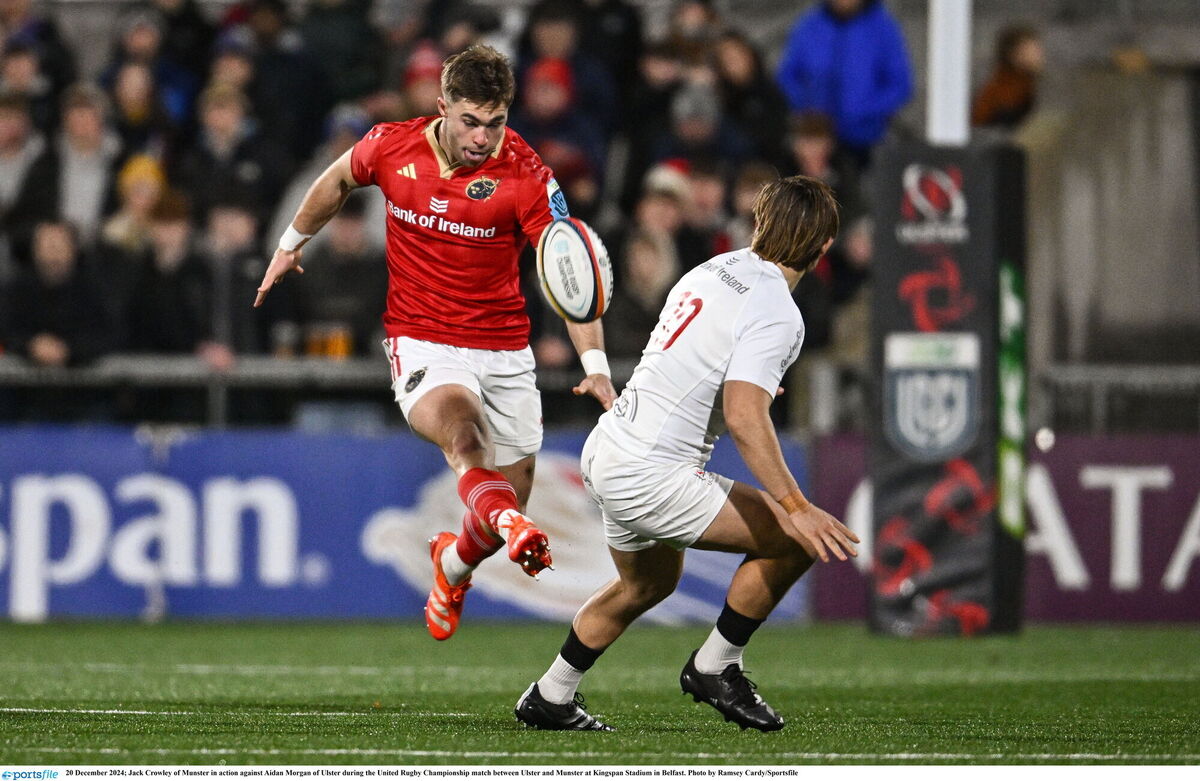 Jack Crowley of Munster in action against Aidan Morgan of Ulster last weekend. Picture: Ramsey Cardy/Sportsfile