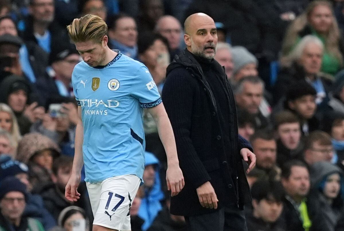 Manchester City's Kevin De Bruyne walks past manager Pep Guardiola at the end of the Premier League match against Everton at the Etihad Stadium, Manchester. Picture: Martin Rickett/PA Wire Manchester City's Kevin De Bruyne walks past manager Pep Guardiola at the end of the Premier League match against Everton at the Etihad Stadium, Manchester. Picture: Martin Rickett/PA Wire