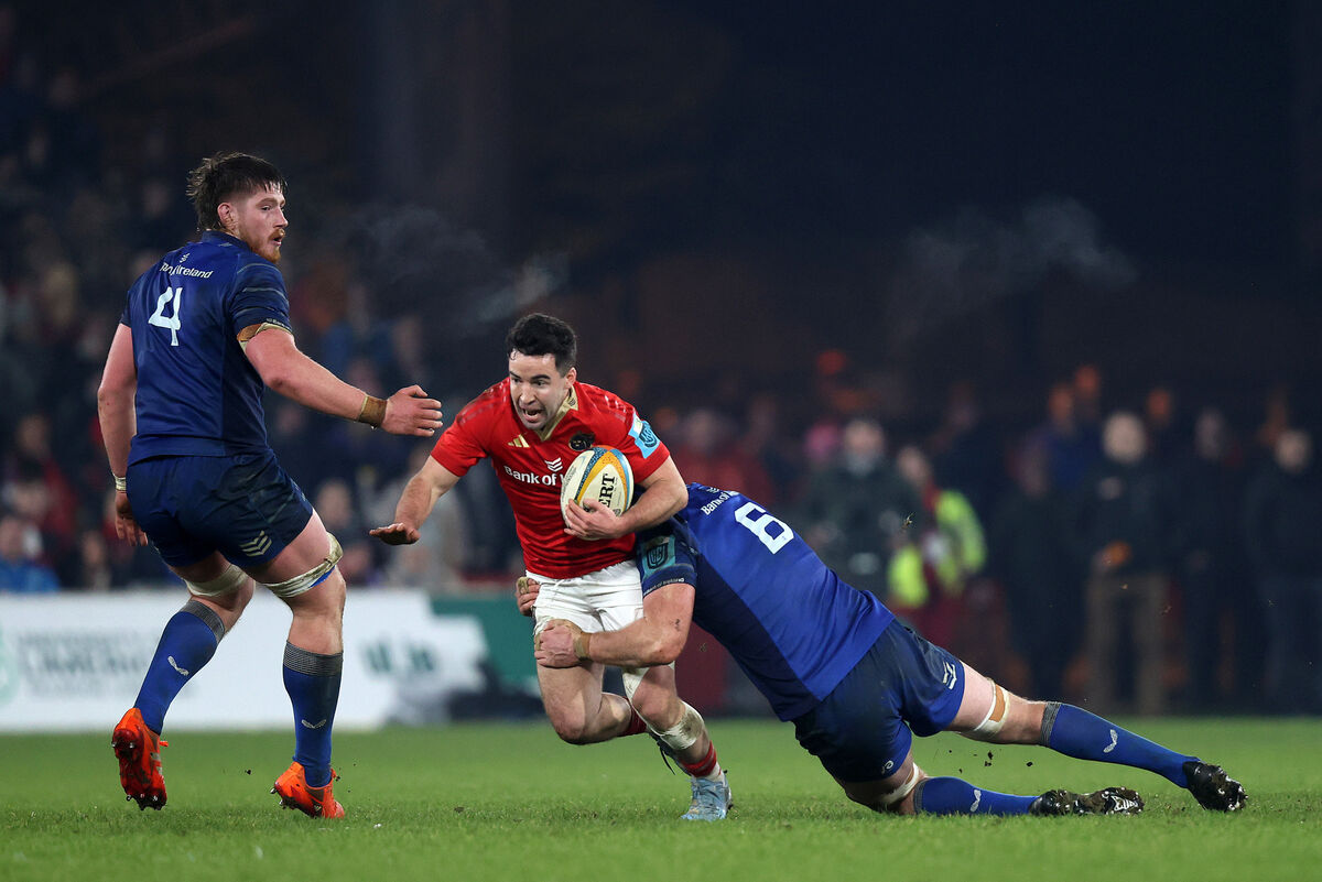 Munster’s Paddy Patterson is tackled by Caelan Doris of Leinster. Picture: INPHO/Bryan Keane Munster’s Paddy Patterson is tackled by Caelan Doris of Leinster. Picture: INPHO/Bryan Keane