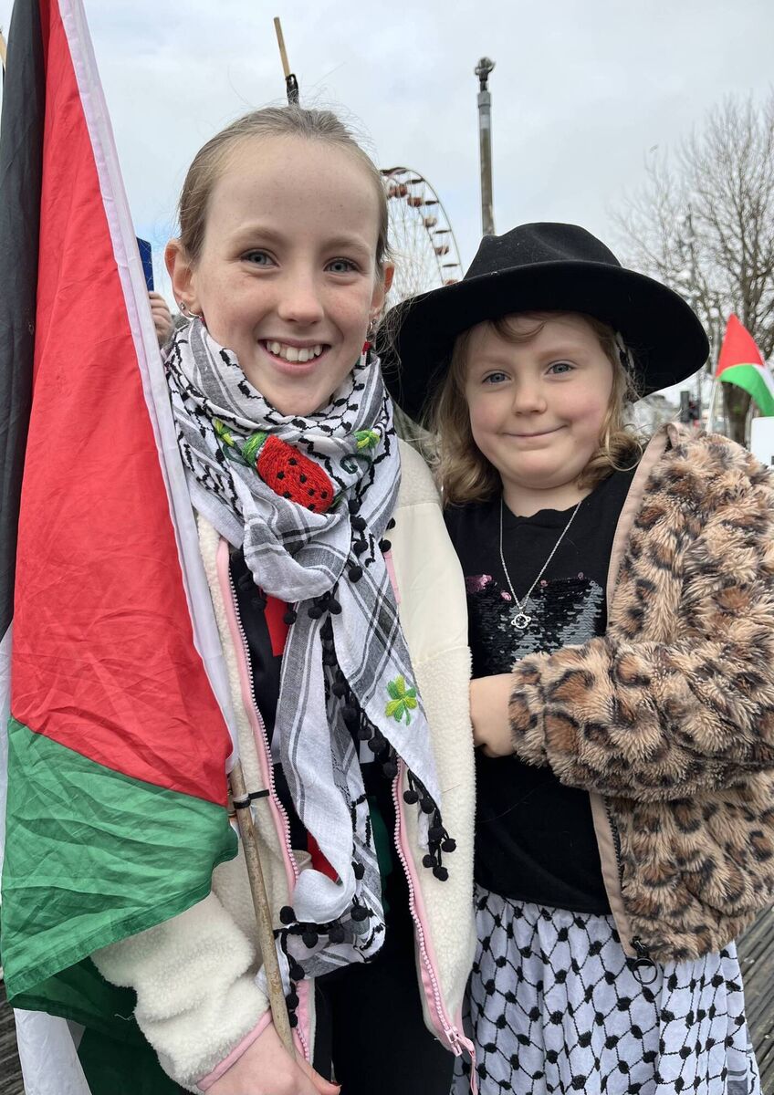 Aisling O'Brien (11) and Journey Breen (eight) at the Cork Palestine Solidarity Campaign rally in Cork city centre. Picture: Donal O'Keeffe Aisling O'Brien (11) and Journey Breen (eight) at the Cork Palestine Solidarity Campaign rally in Cork city centre. Picture: Donal O'Keeffe