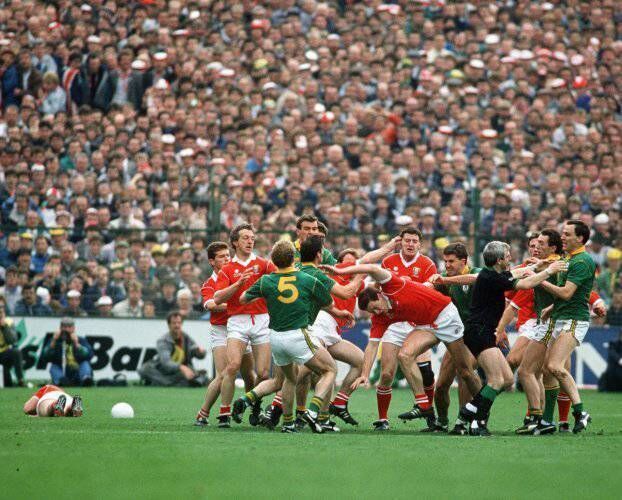 One-in,  all-in... one of the skirmishes in the Cork v Meath All-Ireland final in 1988.
