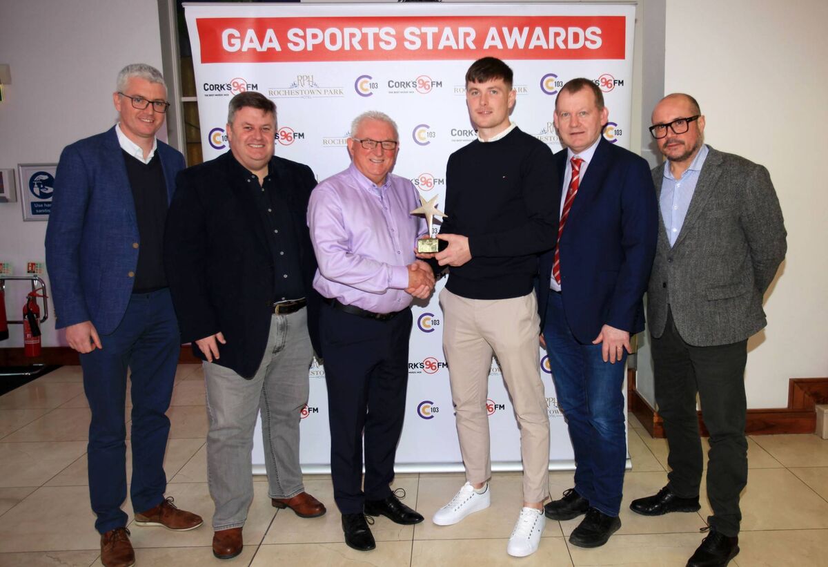 At the Rochestown Park Hotel for the Cork 96FM C103 GAA Sports Star of the Month for November, Adam Murphy, Watergrasshill, with Niall O’Riordan, Chairman Watergrasshill GAA Club, Kieran McGeary CEO, Cork 96FM C103, Finbarr McCarthy 96FM, Francis Kenneally, PRO, Cork County GAA Board and Steve Cox, Marketing Manager  RPH. Picture: Tony O’Connell.