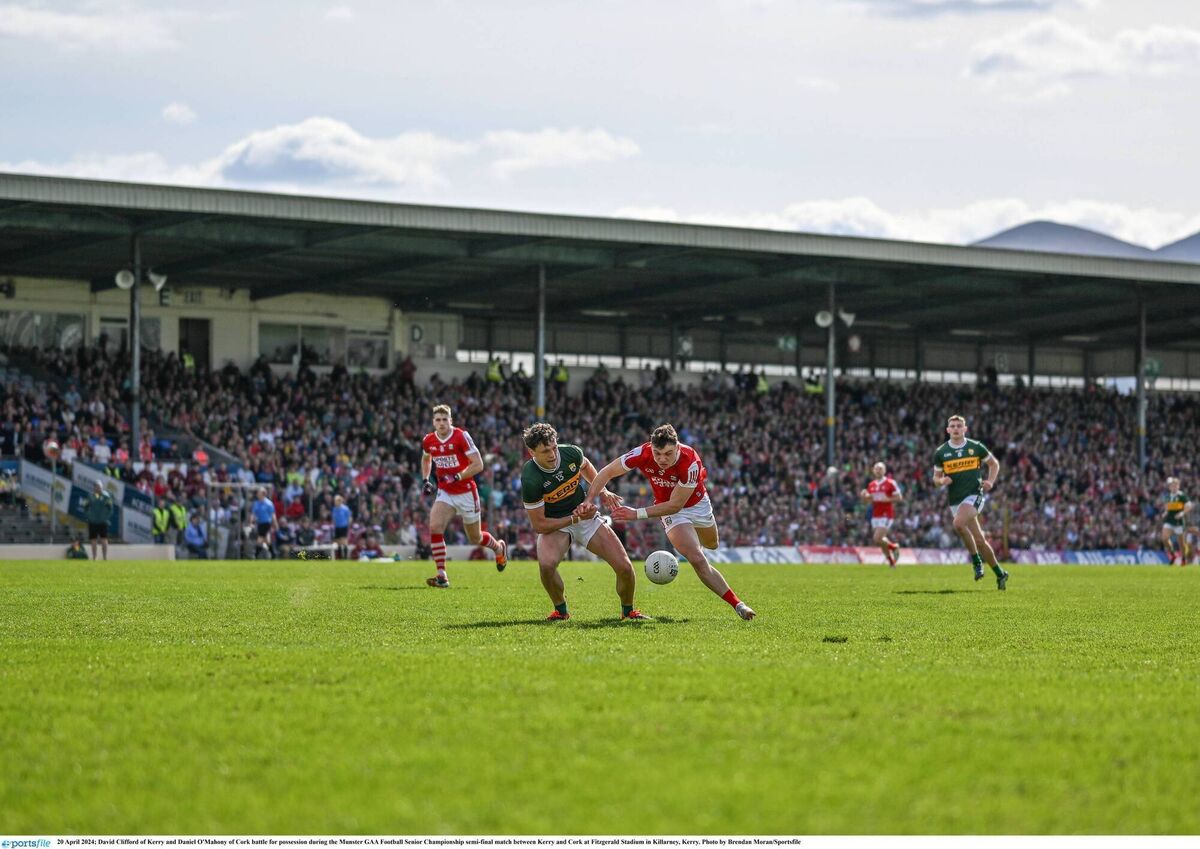 Cork's Daniel O'Mahony steals possession off Kerry's David Clifford at Fitzgerald Stadium. Picture: Brendan Moran/Sportsfile