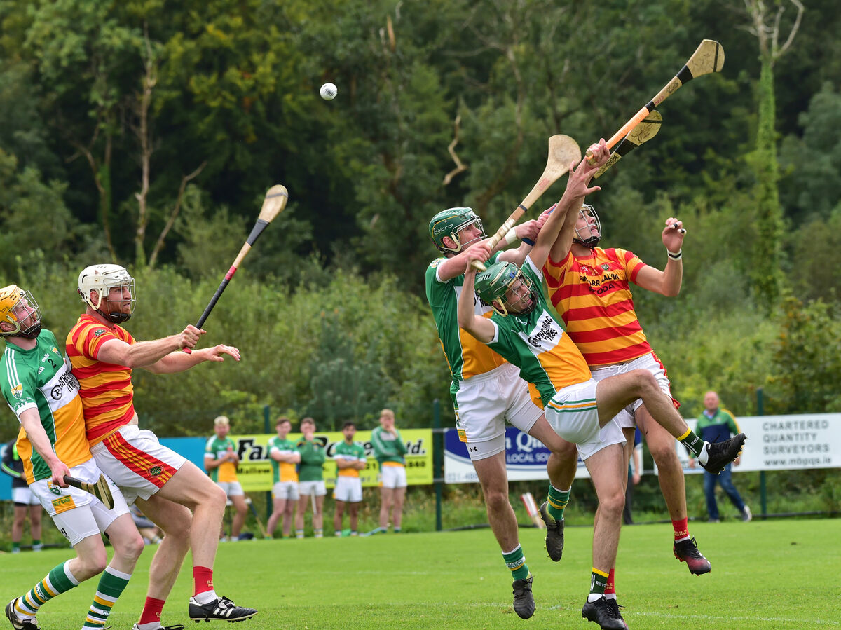  Bride Rovers players Fergus Collins, Ryan Prendergast and Brian Murphy contesting this breaking ball with Newcestown's Fionn Keane and Seán O’Donovan. Picture: Dan Linehan
