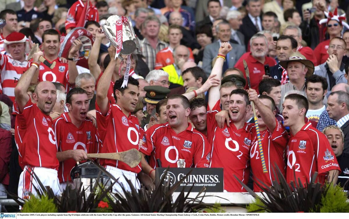 Cork players Brian Corcoran, John Gardiner, captain Seán Óg Ó hAilpín, Diarmuid O'Sullivan, Pat Mulcahy, Kieran Murphy (Erin's Own), Niall McCarthy and Kieran Murphy (Sarsfields) celebrate after the All-Ireland SHC final win over Galway in 2005. As well as being the last victory for the Rebels, it is the only time the county has lifted the Liam MacCarthy Cup in a year ending in '5'. Picture: Brendan Moran/Sportsfile