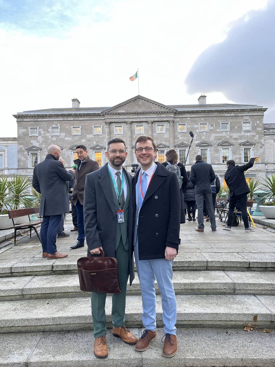 Social Democrats TD Pádraig Rice with his husband Aaron O'Sullivan in front of Leinster House. Social Democrats TD Pádraig Rice with his husband Aaron O'Sullivan in front of Leinster House.