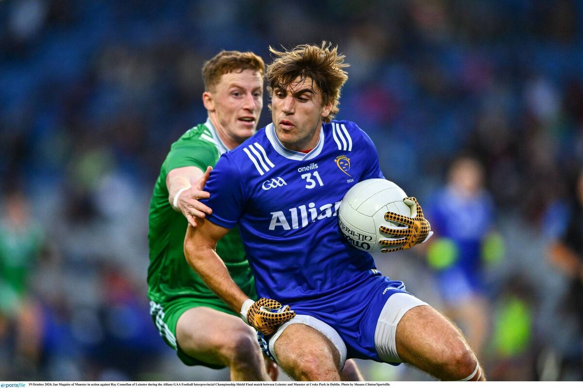 Ian Maguire of Munster in action against Ray Connellan of Leinster during the Allianz GAA Football Interprovincial Championship Shield Final match between Leinster and Munster at Croke Park in Dublin. Photo by Shauna Clinton/Sportsfile Ian Maguire of Munster in action against Ray Connellan of Leinster during the Allianz GAA Football Interprovincial Championship Shield Final match between Leinster and Munster at Croke Park in Dublin. Photo by Shauna Clinton/Sportsfile
