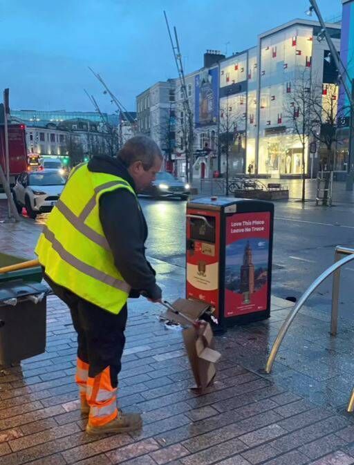 Patrick Anthony Murphy of the Cork City Council cleansing department working on Patrick Street. Patrick Anthony Murphy of the Cork City Council cleansing department working on Patrick Street.