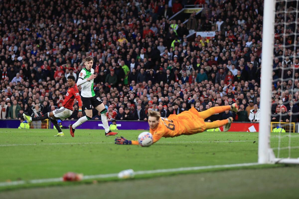 Amad Diallo of Manchester United scores the side's fourth goal during the Emirates FA Cup quarter final against Liverpool at Old Traffordlast March. Picture Simon Stacpoole/Offside/Offside via Getty Images