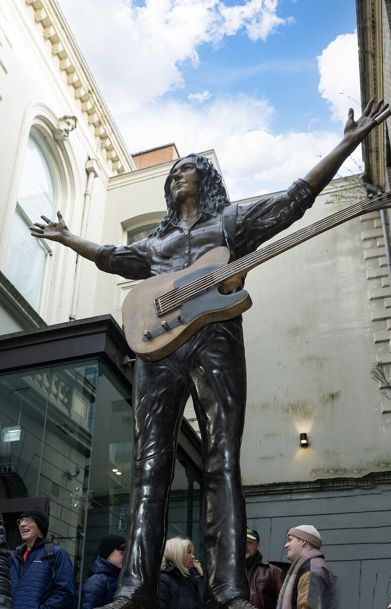 Handout photo issued by Navigator Blue of the unveiling of a commemorative statue of Irish composer and musician Rory Gallagher at Ulster Hall in Belfast. Photo: Brian Morrison/Navigator Blue/PA Wire 