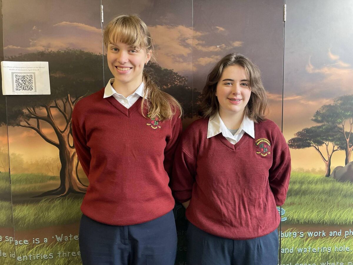 Loreto Fermoy students Beatrice Cesonyte (left) and Amelie Nolan (right) looked at the impact of content from the manosphere. Loreto Fermoy students Beatrice Cesonyte (left) and Amelie Nolan (right) looked at the impact of content from the manosphere.
