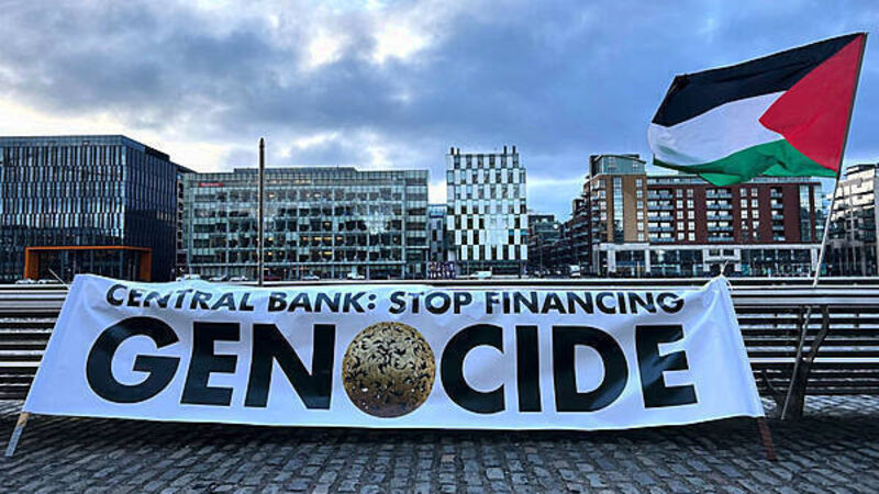 Protesters target Central Bank over sale of Israel Bonds in EU Protesters target Central Bank over sale of Israel Bonds in EU