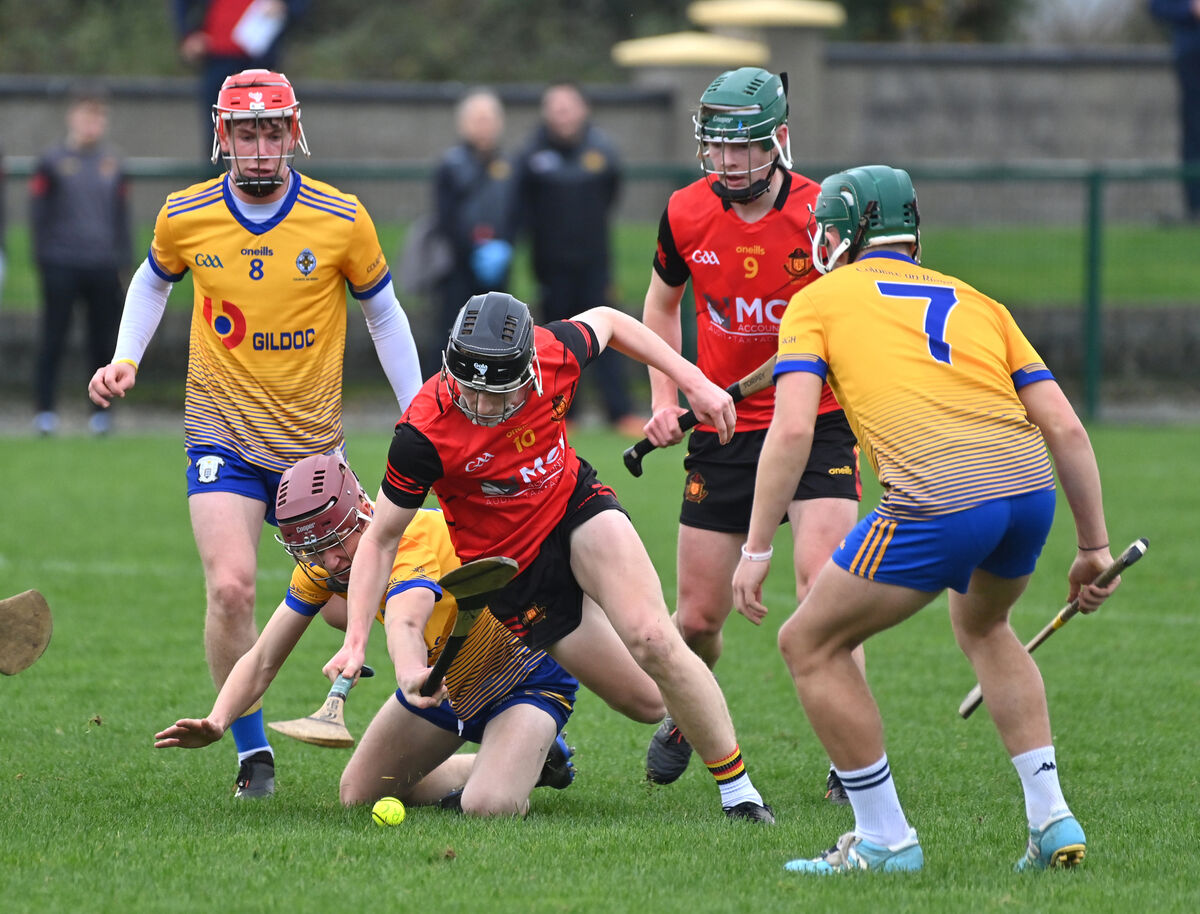 Ben Mayer and Michael Quill of CBC battle for possession against Rice College Ennis at Ballyagran in November. Picture: Dan Linehan