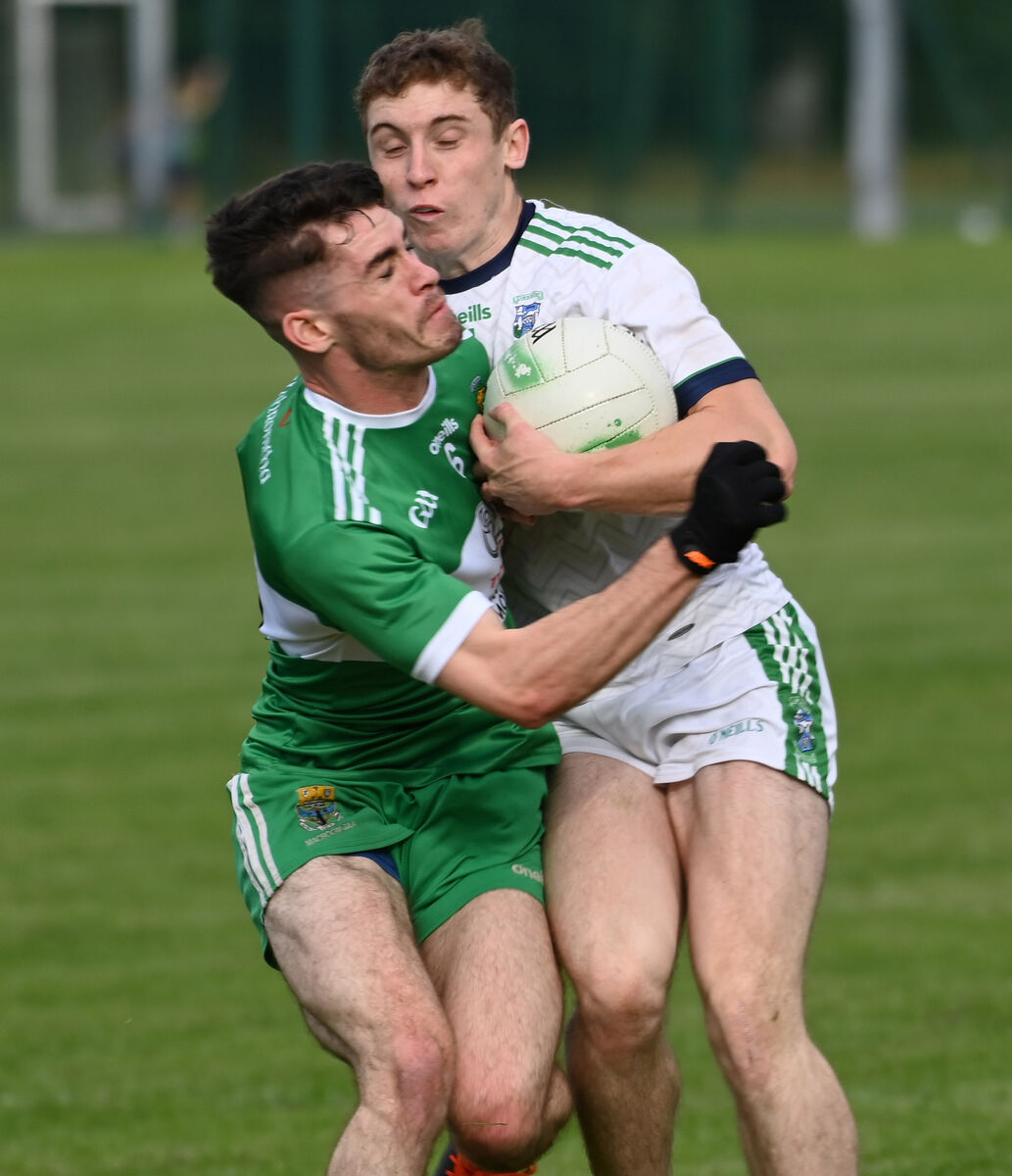 Ilen Rovers' Shane Carey bounces off Macroom's Mark Corrigan during the McCarthy Insurance Group PIFC relegation play-off last season. Picture: Eddie O'Hare