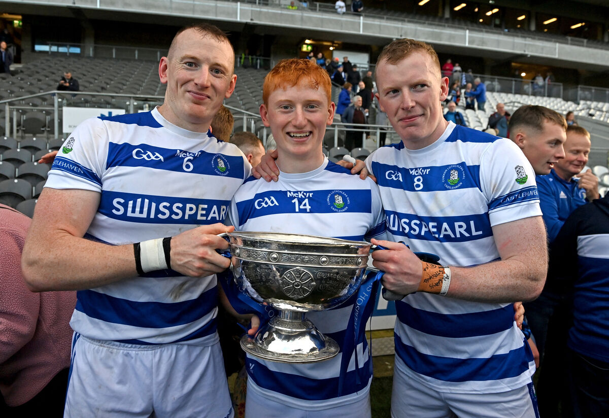Cahalane brothers, Damien, Jack and Conor with the Andy Scannell trophy after defeating Nemo Rangers in the Premier SFC final in 2023. Picture: Eddie O'Hare
