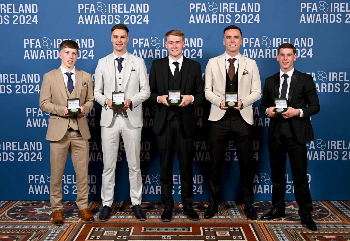 Cork City players, from left, Cathal O'Sullivan, Cian Coleman, Bradley Wade, Charlie Lyons, and Evan McLaughlin with their PFA Ireland Men’s First Division Team of the Year 2024 medals during the PFA Ireland Awards 2024 at The College Green Hotel in Dublin. Photo by Stephen McCarthy/Sportsfile