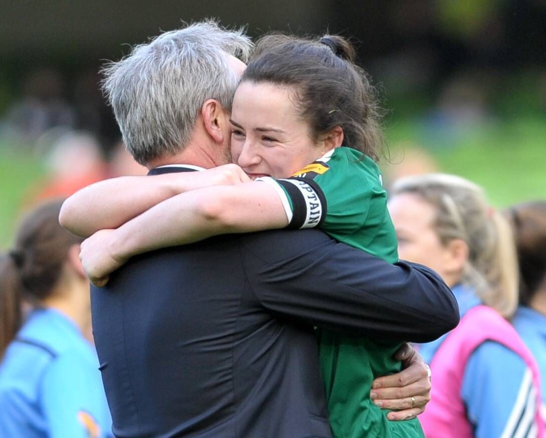 Cork City Women's FC Vs UCD Waves. Manager Frank Kelleher congratulates captain Ciara McNamara. Picture: Doug Minihane