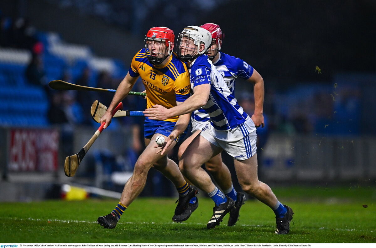 Colin Currie of Na Fianna in action against John McKeon of Naas during the AIB Leinster GAA Hurling Senior Club Championship semi-final in Portlaoise. Picture: Eóin Noonan/Sportsfile Colin Currie of Na Fianna in action against John McKeon of Naas during the AIB Leinster GAA Hurling Senior Club Championship semi-final in Portlaoise. Picture: Eóin Noonan/Sportsfile