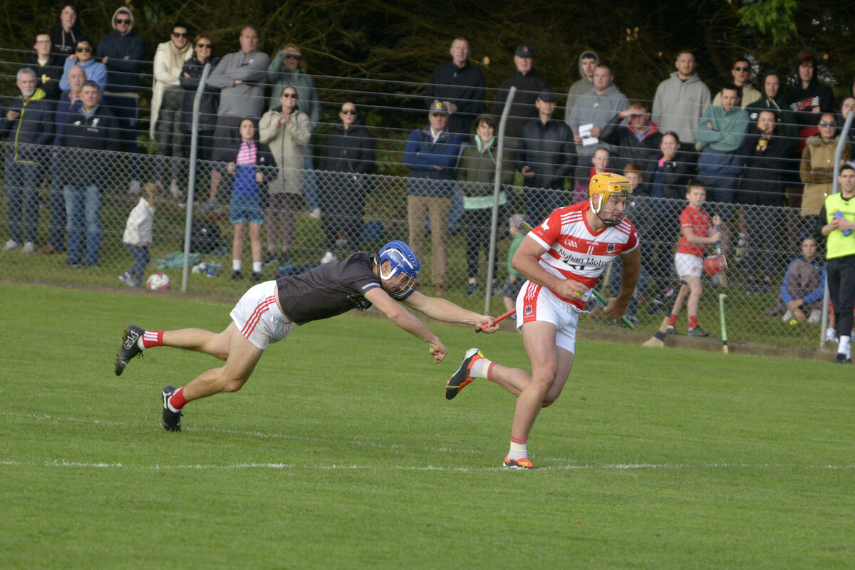 Pictured at Ballymartle at the Co-op Superstores Senior Cork Hurling championship is Blarney's goalkeeper Paul Hallissey attempting to block the advance of Courcey Rovers' Sean Twomey. Picture: Denis Boyle