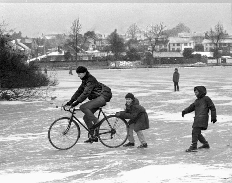 Noel Tynan cycling on the frozen Lough in 1987. Noel Tynan cycling on the frozen Lough in 1987.