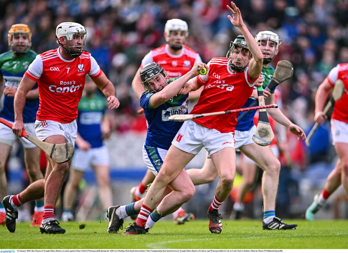 Shane Field of Watergrasshill tries to halt the progress of Tynagh/Abbey-Duniry's Ben Moran. Picture: Piaras Ó Mídheach/Sportsfile