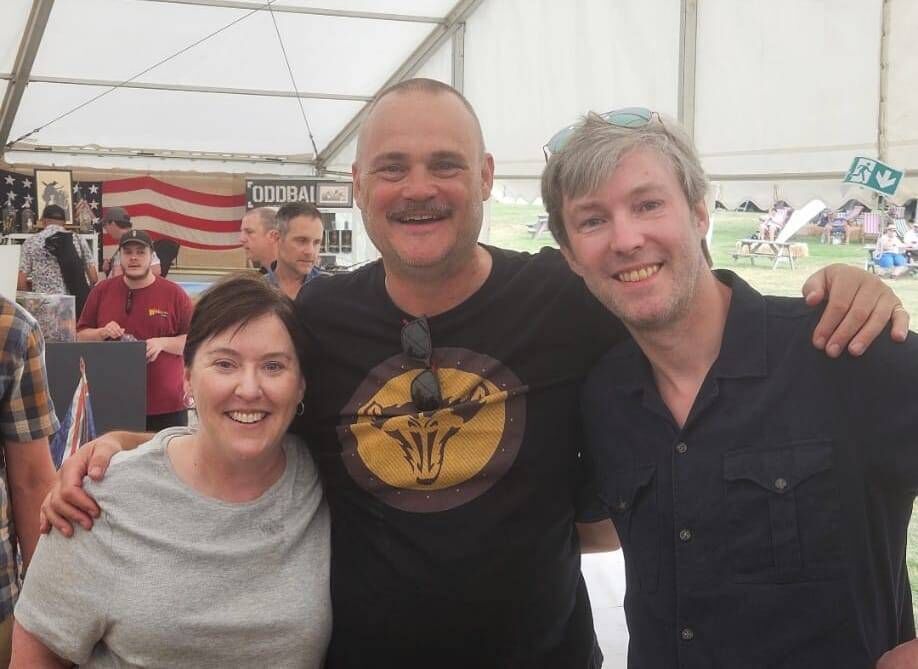 Colleen Quigley and Seán O'Keeffe with Al Murray, host of the podcast they bonded over. Colleen Quigley and Seán O'Keeffe with Al Murray, host of the podcast they bonded over.