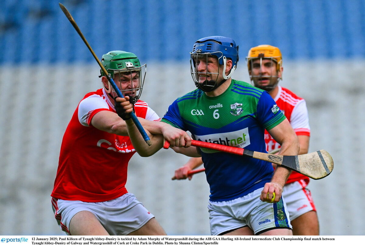 Paul Killeen of Tynagh/Abbey-Duniry is tackled by Adam Murphy of Watergrasshill. Picture: Shauna Clinton/Sportsfile