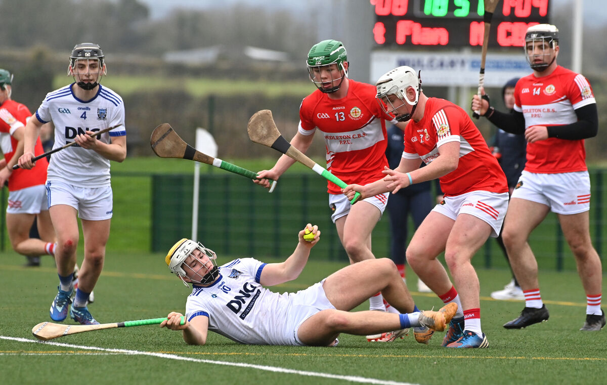  Ronan Kilroy, St Flannan's, under pressure from Midleton CBS' Adam Lee and James O'Brien. Picture: Dan Linehan