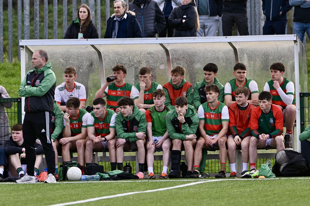 The Mallow subs watch on from the bench during the Corn Uí Mhuirí quarter final clash between Patrician Academy Mallow and Kenmare in Bishopstown on Wednesday. picture Chani Anderson