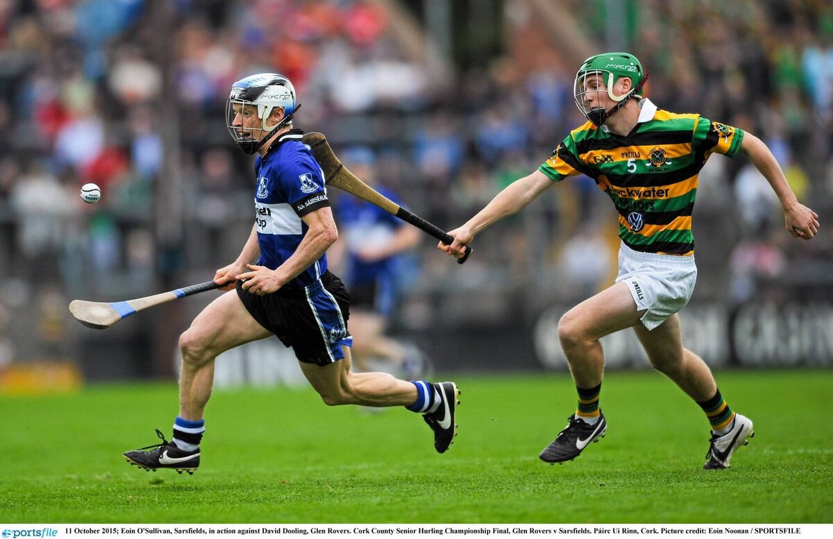 Eoin O'Sullivan, Sarsfields, in action against David Dooling, Glen Rovers in the Cork County Senior Hurling Championship Final in 2015. Picture credit: Eoin Noonan/SPORTSFILE Eoin O'Sullivan, Sarsfields, in action against David Dooling, Glen Rovers in the Cork County Senior Hurling Championship Final in 2015. Picture credit: Eoin Noonan/SPORTSFILE