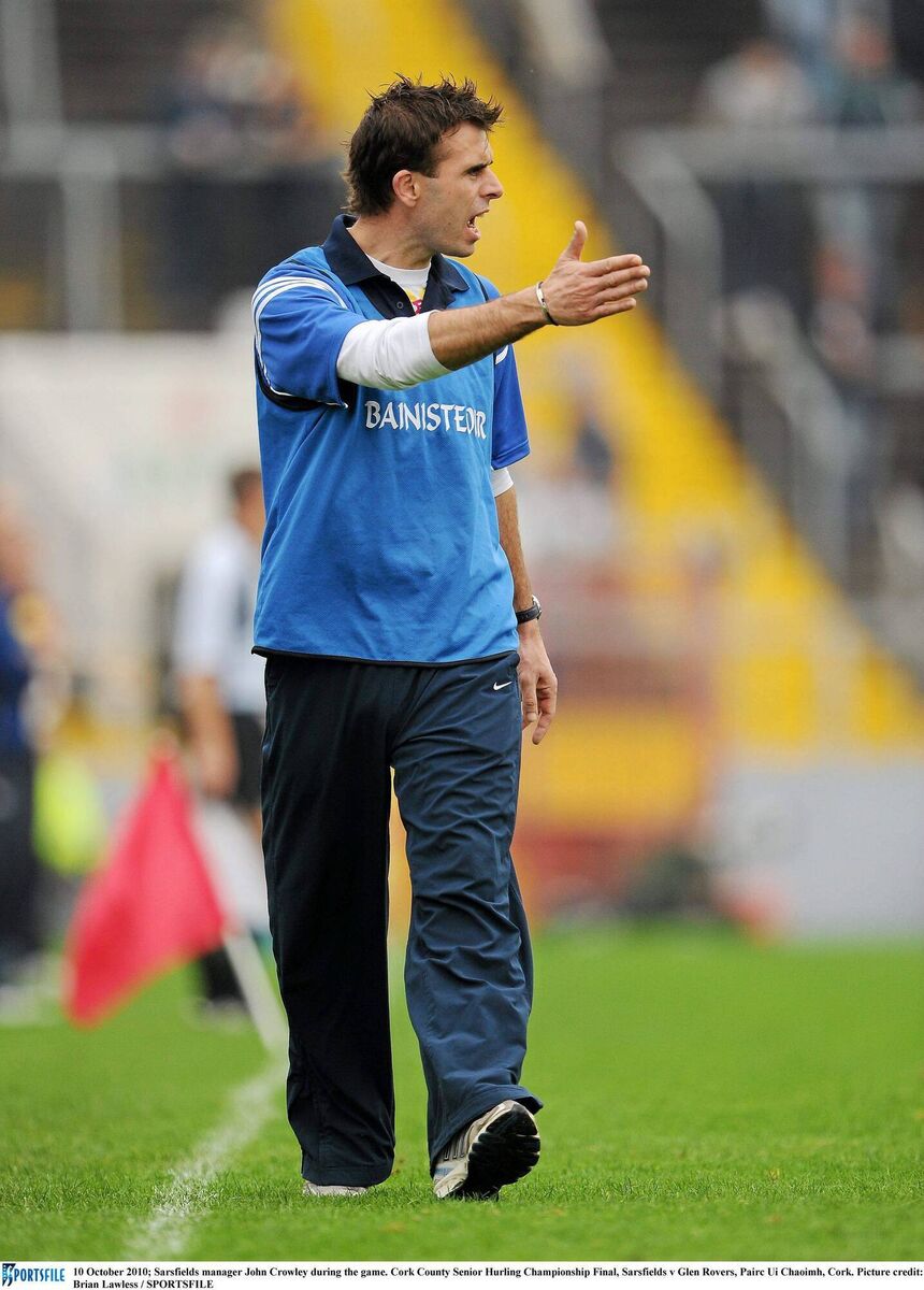 Sarsfields manager Johnny Crowley patrols the line during the 2010 county SHC final against Glen Rovers. Picture: Brian Lawless/Sportsfile
