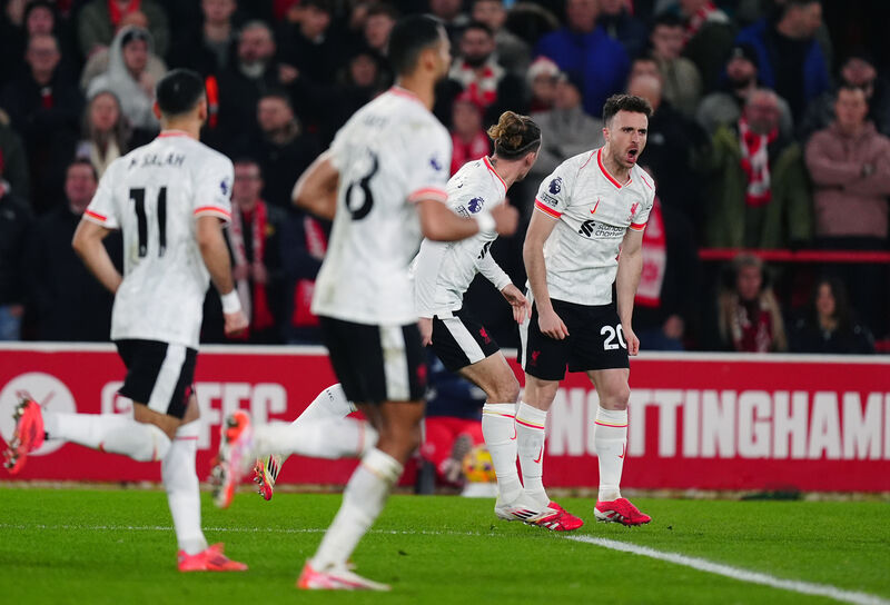 Liverpool's Diogo Jota celebrates scoring his sides equaliser during the Premier League match at The City Ground, Nottingham. 