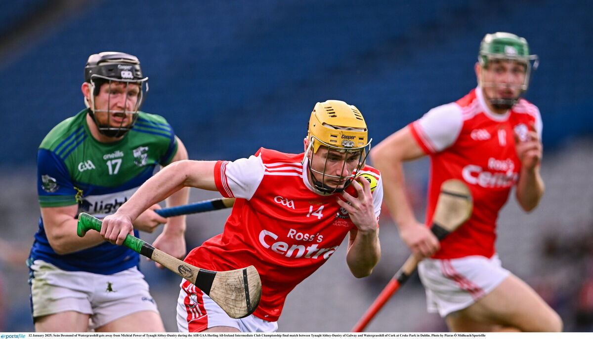 Seán Desmond of Watergrasshill gets away from Michéal Power of Tynagh/Abbey-Duniry. Picture: Piaras Ó Mídheach/Sportsfile