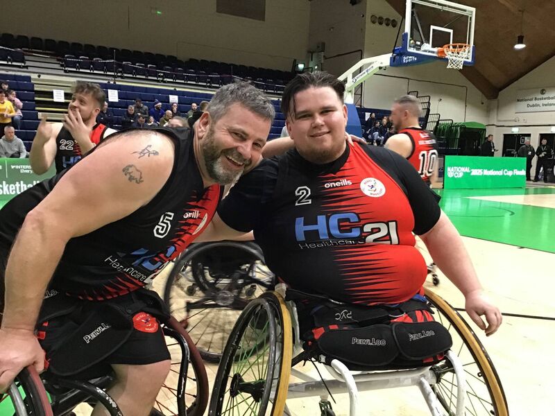 Rebel Wheelers Paul Ryan and captain Jack Quinn celebrate after their win over Ballybrack Bulls in the IWA National Cup final. Rebel Wheelers Paul Ryan and captain Jack Quinn celebrate after their win over Ballybrack Bulls in the IWA National Cup final.
