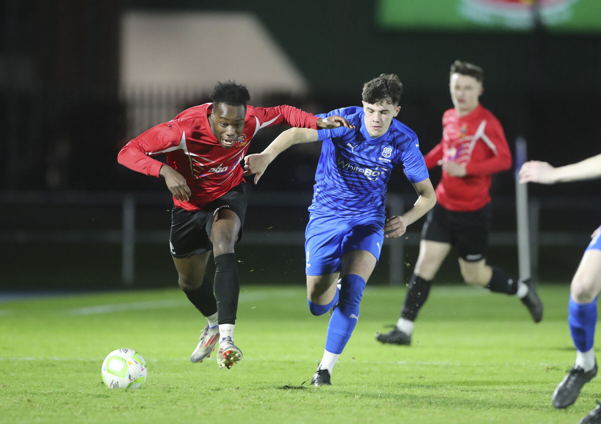 Bandon AFC's Paul Nnotum races for possession with Waterford FC's Aaron Cass. Pictrue: Patrick Browne Bandon AFC's Paul Nnotum races for possession with Waterford FC's Aaron Cass. Pictrue: Patrick Browne