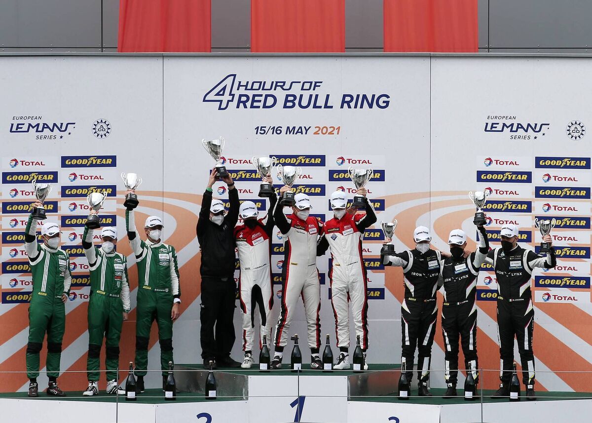The Spirit of Race team (pictured left and left to right) of David Perel, Matt Griffin and Duncan Cameron finished second in the LMGTE category of the 4 Hours of the Red Bull Ring (Austria) round two of the European Le Mans Series (ELMS) in 2021, when they finished second in the championship. The race was won by the AF Corse team (centre) with the Iron Lynx outfit and eventual champions (right) finishing third. Picture courtesy of Jakob Ebrey Photography. 