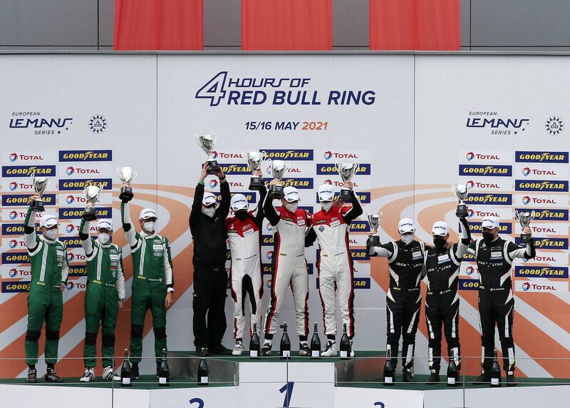 The Spirit of Race team (pictured left and left to right) of David Perel, Matt Griffin and Duncan Cameron finished second in the LMGTE category of the 4 Hours of the Red Bull Ring (Austria) round two of the European Le Mans Series (ELMS) in 2021, when they finished second in the championship. The race was won by the AF Corse team (centre) with the Iron Lynx outfit and eventual champions (right) finishing third. Picture courtesy of Jakob Ebrey Photography. The Spirit of Race team (pictured left and left to right) of David Perel, Matt Griffin and Duncan Cameron finished second in the LMGTE category of the 4 Hours of the Red Bull Ring (Austria) round two of the European Le Mans Series (ELMS) in 2021, when they finished second in the championship. The race was won by the AF Corse team (centre) with the Iron Lynx outfit and eventual champions (right) finishing third. Picture courtesy of Jakob Ebrey Photography.